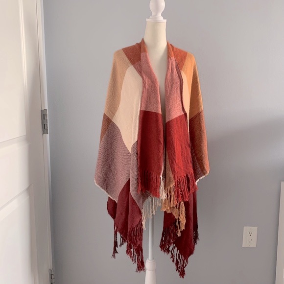 Siizu Causebox Scarf Wrap Poncho Cranberry Colorblock Outdoor Layering Cabincore - Picture 2 of 5